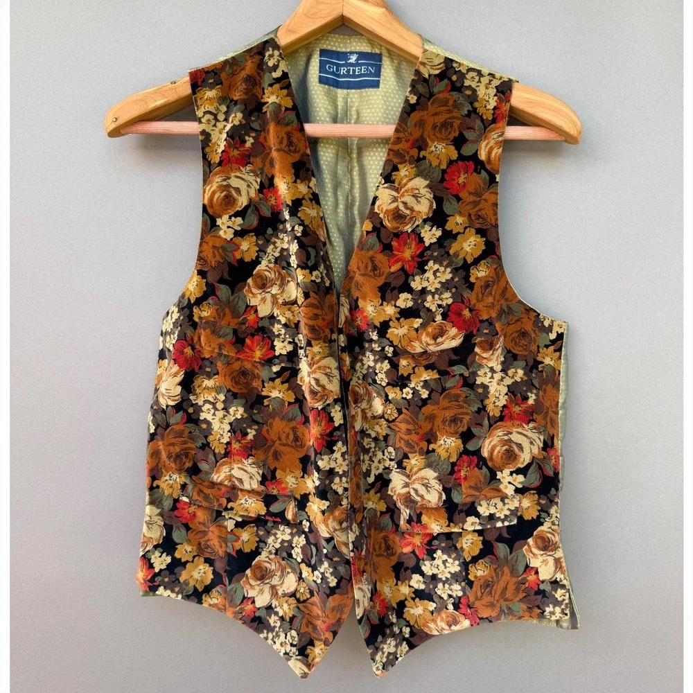 Gurteen Vintage Floral Vest L Brown Cotton Waistcoat Cottagecore Boho SEO Luxe